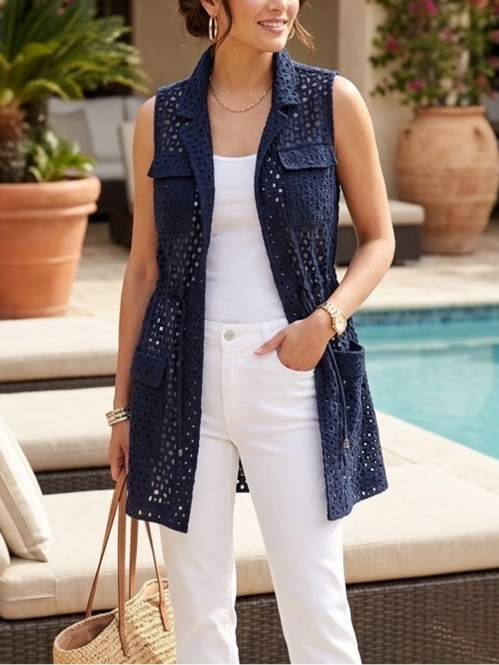Chico’s Eyelet Drawstring Waist Long Cotton Navy Blue Vest Pockets  2= 12/L